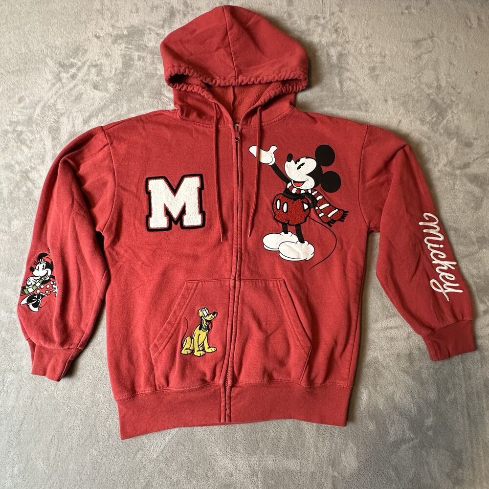Disney Mickey & Friends Women's S Red Full Zip Fleece Hoodie Pockets Mickey
